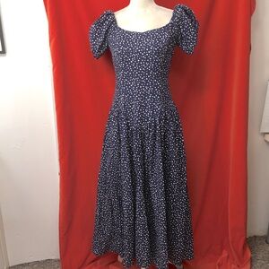 Loralie vintage 80s drop waist midi dress blue with polka dot size 8